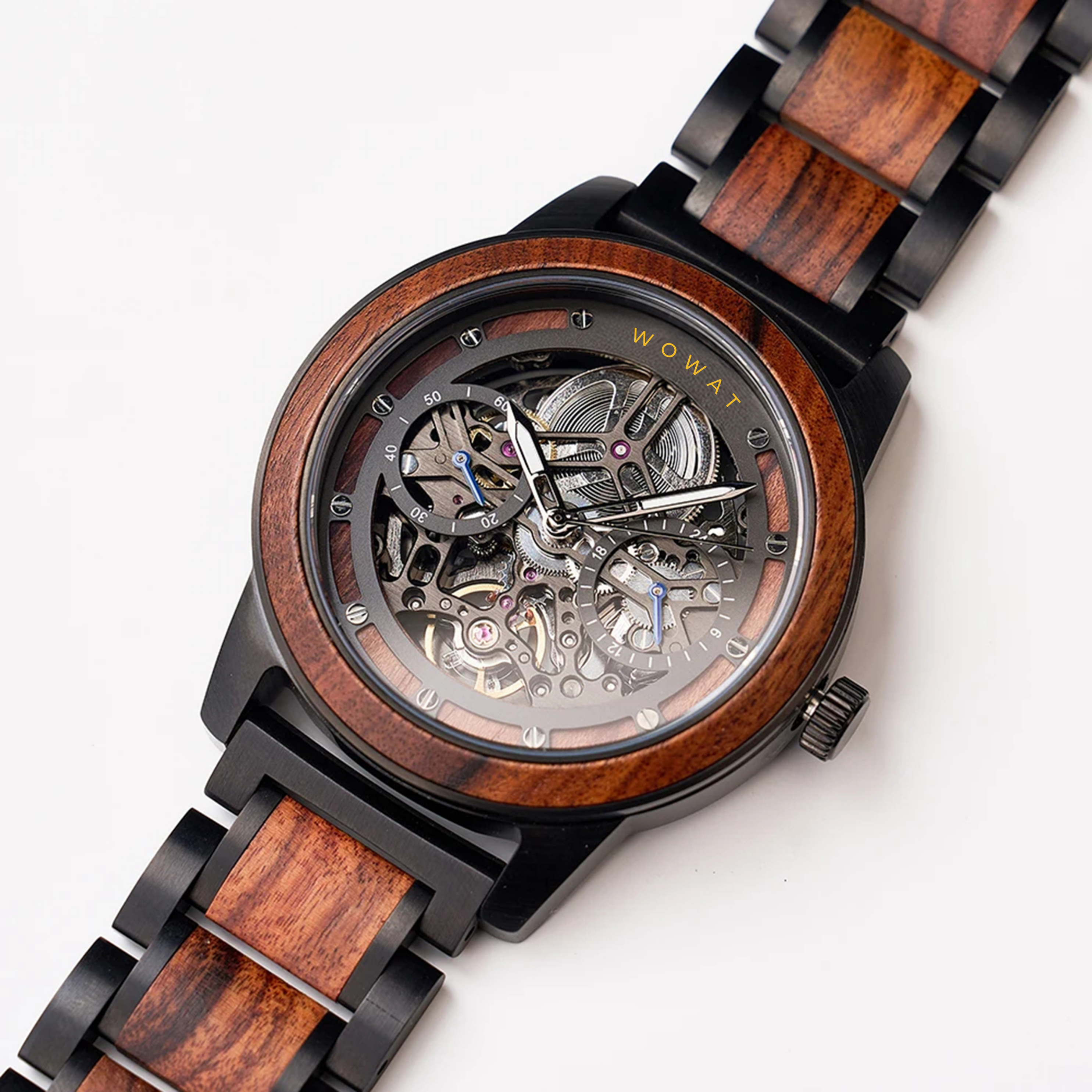 Wooden watch with black metal accents on a white background
