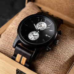 Men's Wooden Watches Classic Ebony Oak Black Chronograph - wowat.cowowat