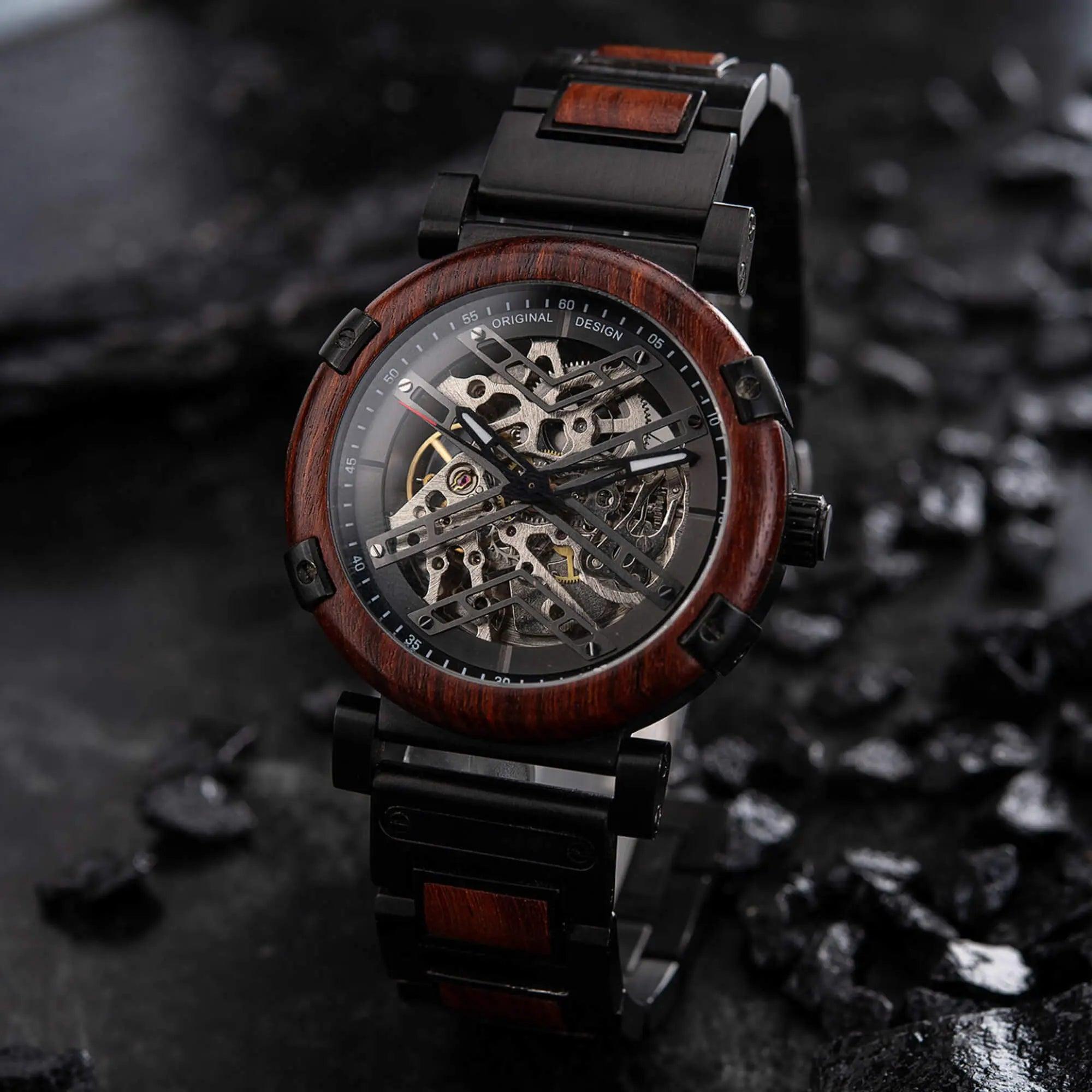 Skeleton Watches - Automatic Mechanical Men's Wooden Watch - Natural Rosewood - wowat.cowowat