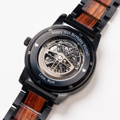 Back case design of WOWAT A09 luxury skeleton wooden watch with engraving area