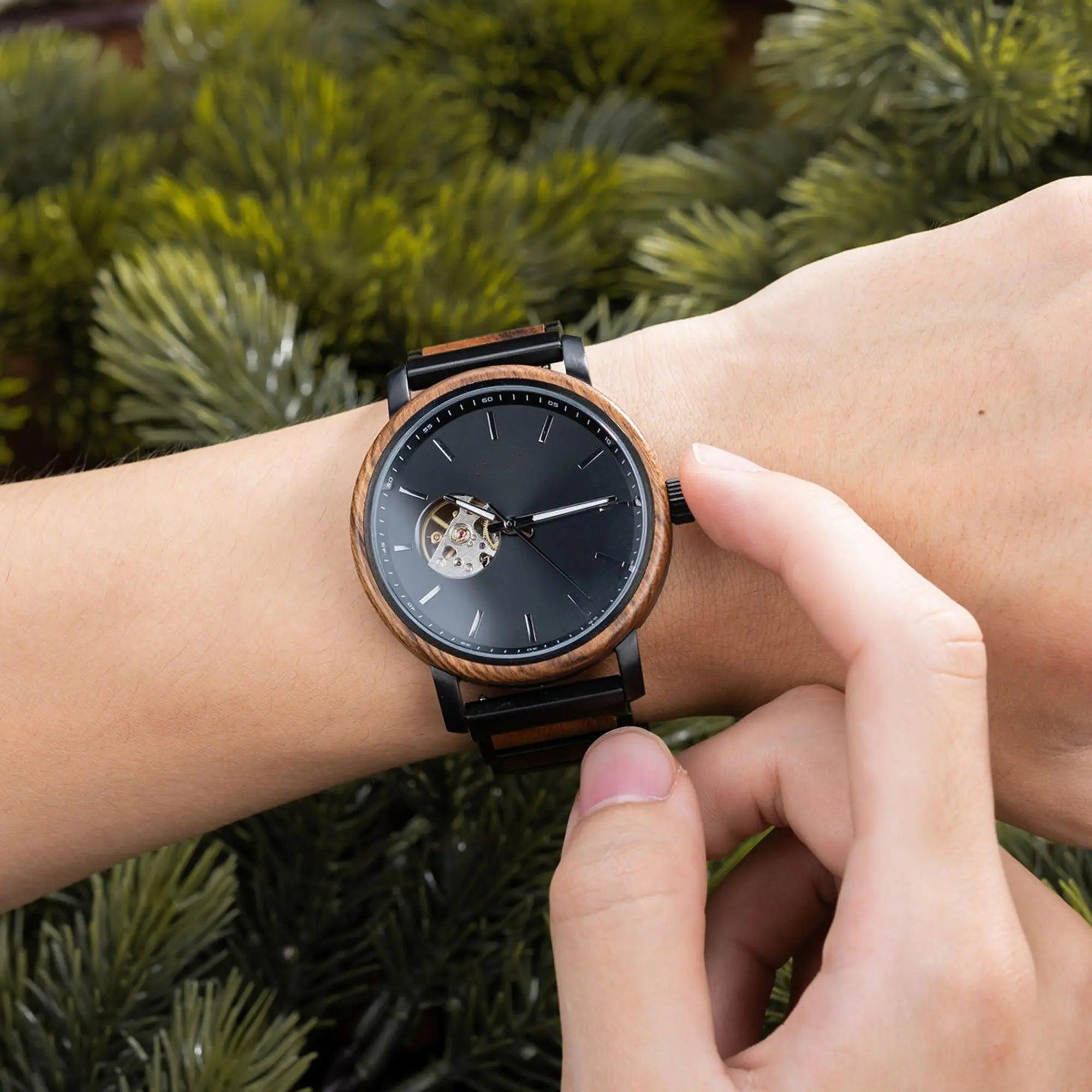 Classics Automatic Wooden Watch Collection Tigerwood Black - wowat.cowowat