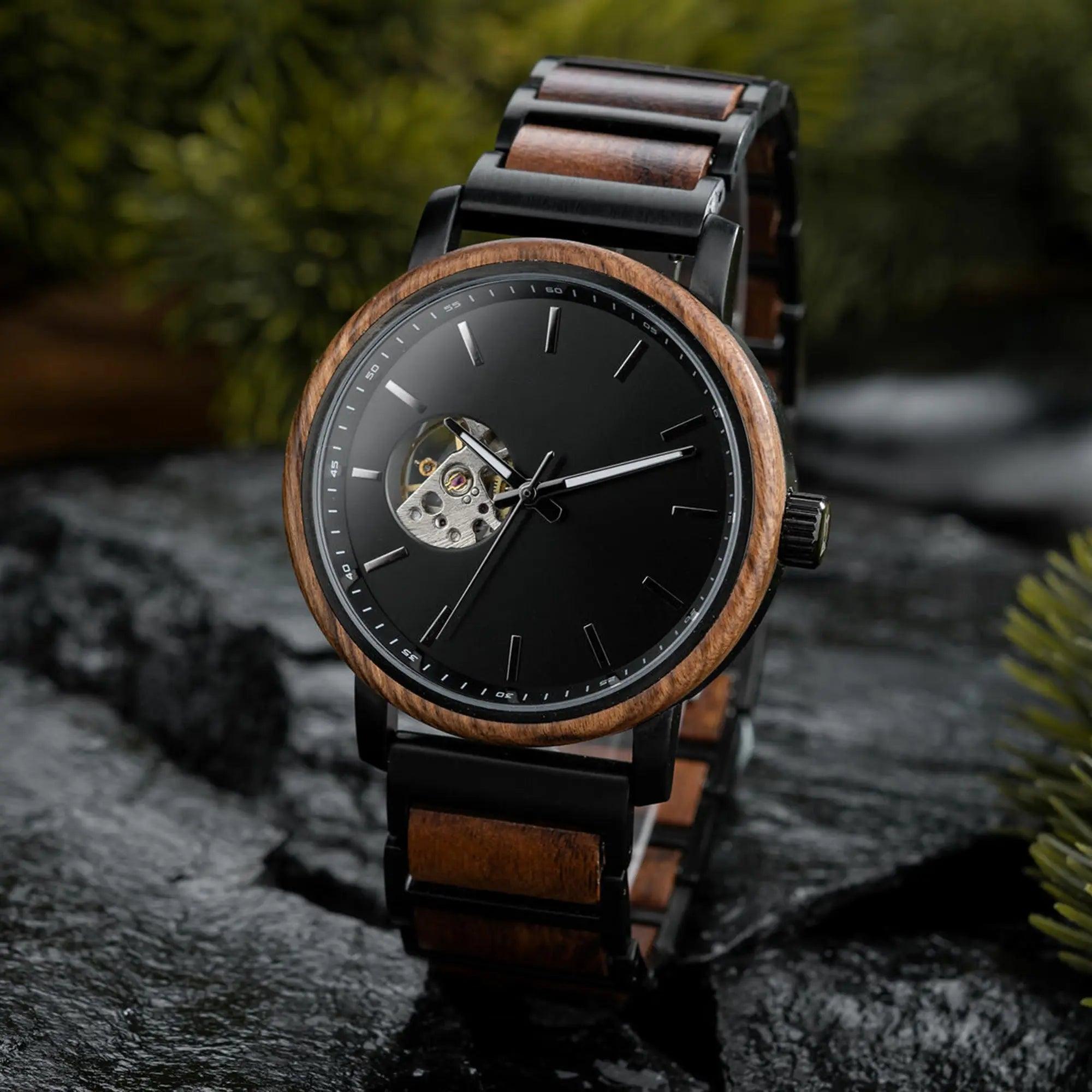 Classics Automatic Wooden Watch Collection Tigerwood Black - wowat.cowowat