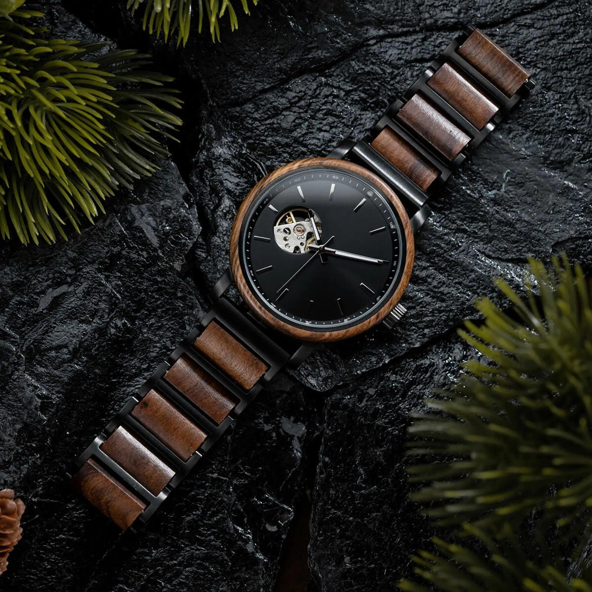 Classics Automatic Wooden Watch Collection Tigerwood Black - wowat.cowowat