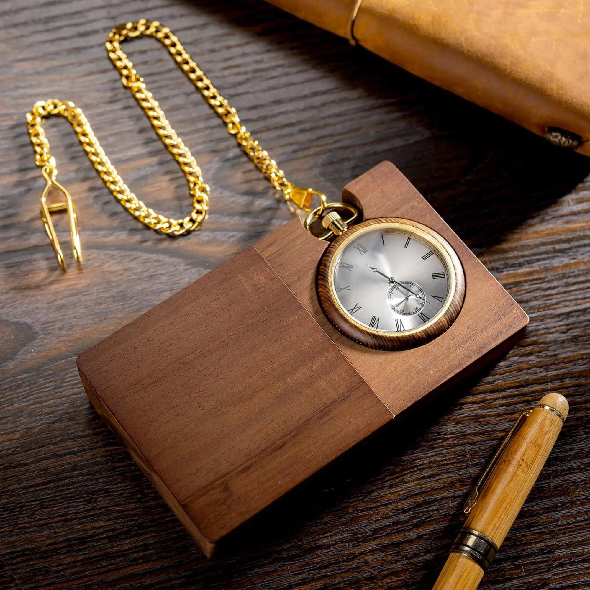 Limited Edition Wooden Pocket Watch Tigerwood Gold - wowat.cowowat