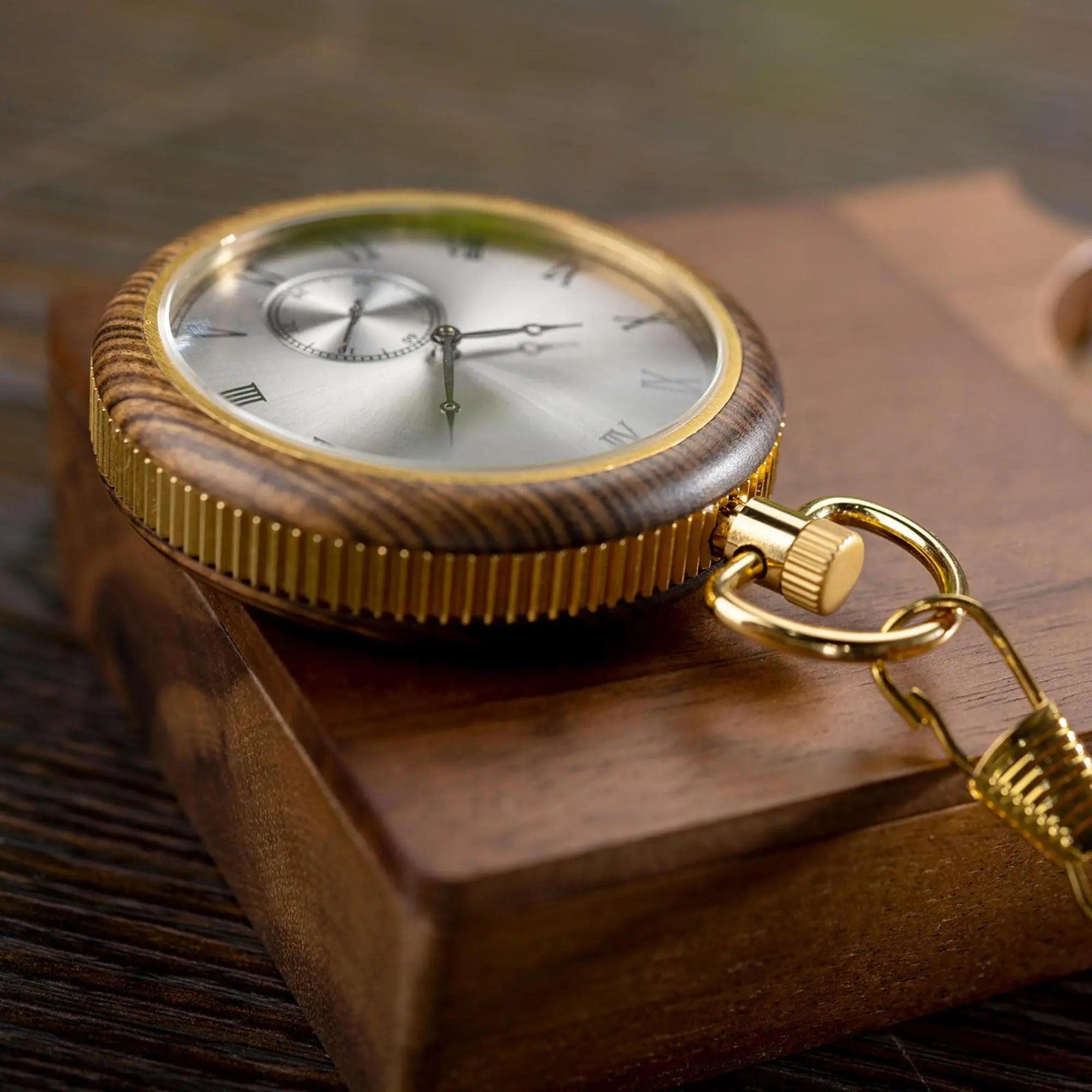 Limited Edition Wooden Pocket Watch Tigerwood Gold - wowat.cowowat