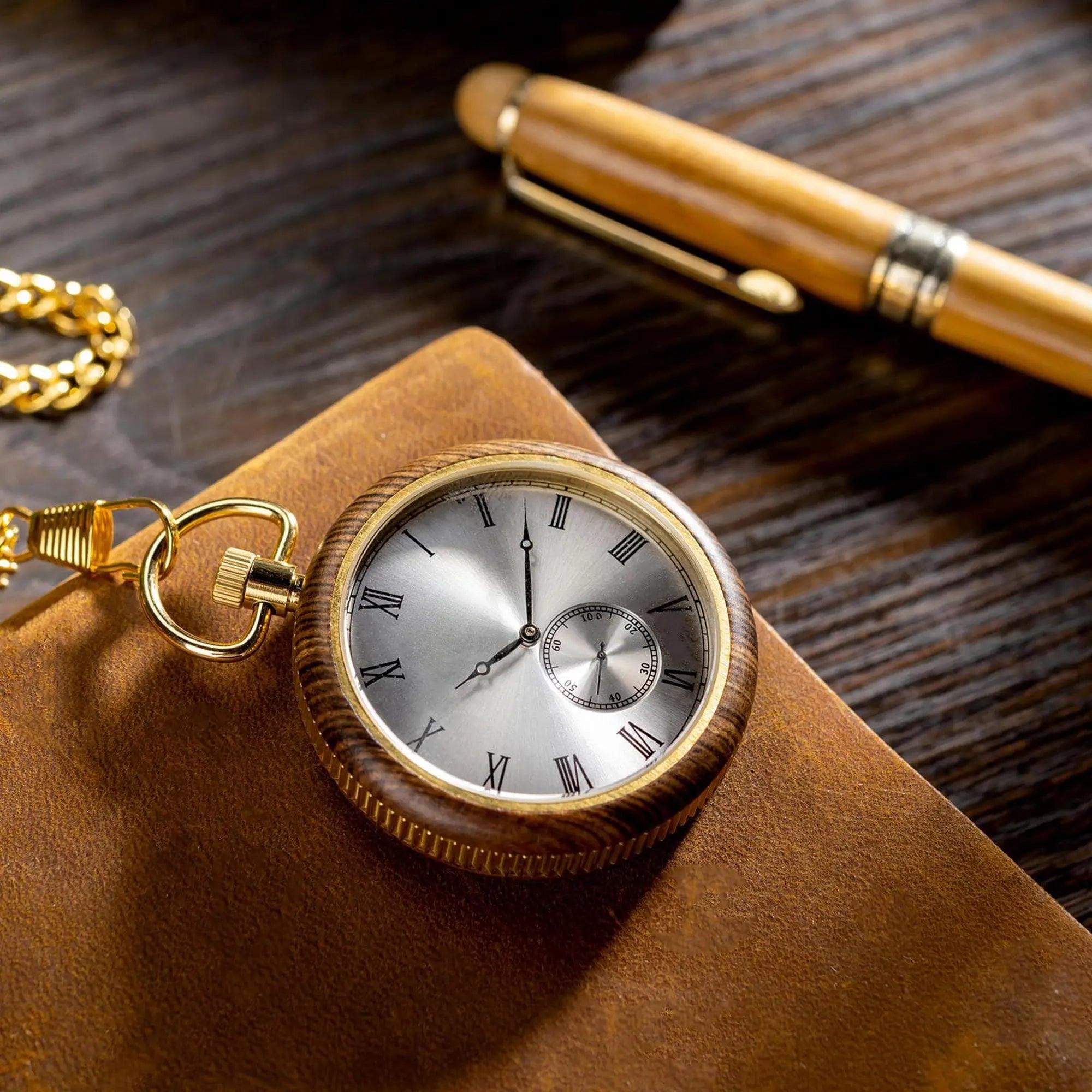 Limited Edition Wooden Pocket Watch Tigerwood Gold - wowat.cowowat
