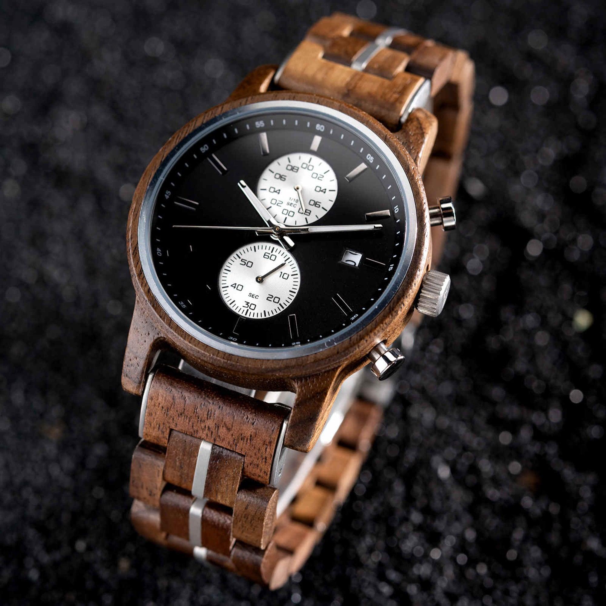 Men's Wooden Watches Classic Ebony Oak Black Chronograph - wowat.cowowat