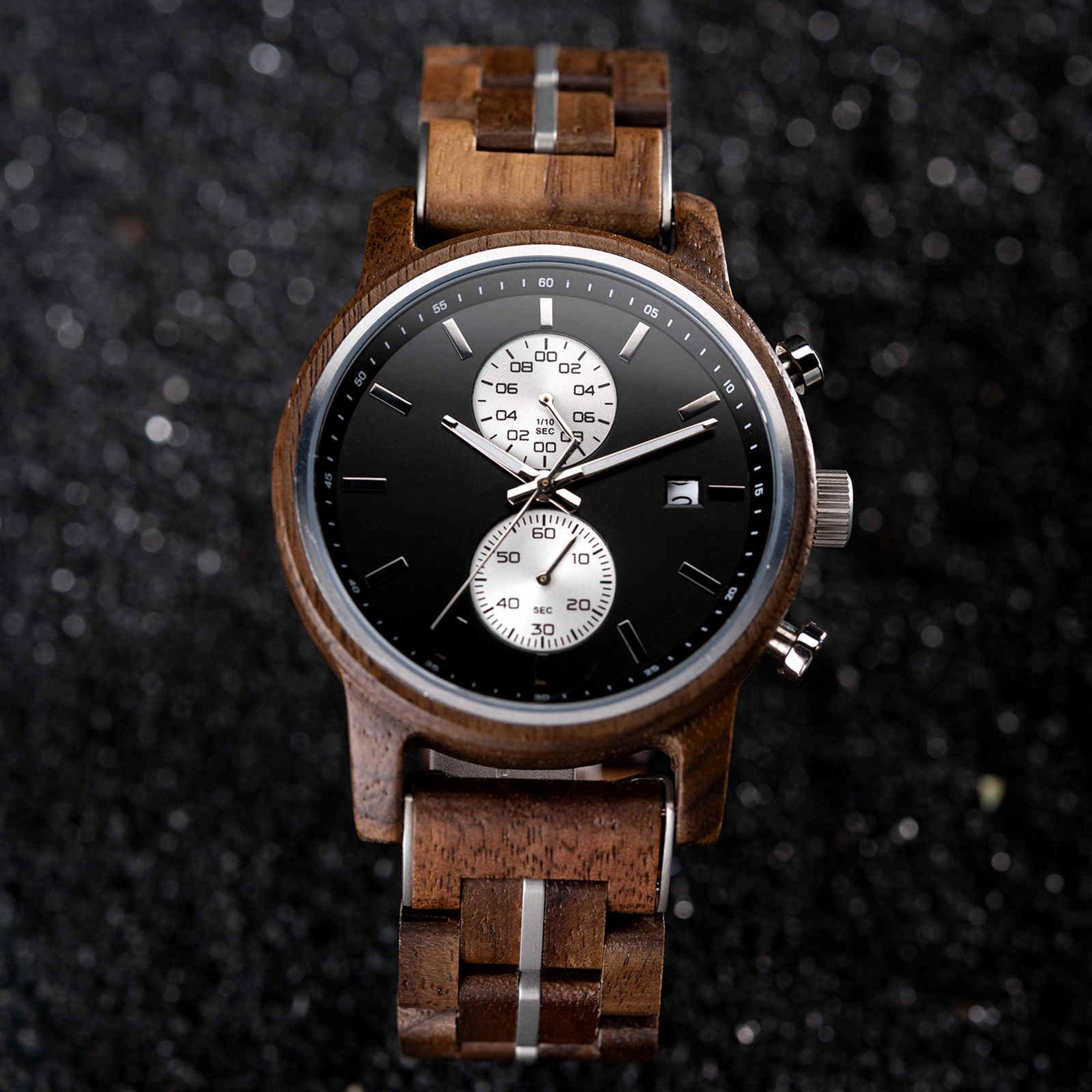 Men's Wooden Watches Classic Ebony Oak Black Chronograph - wowat.cowowat