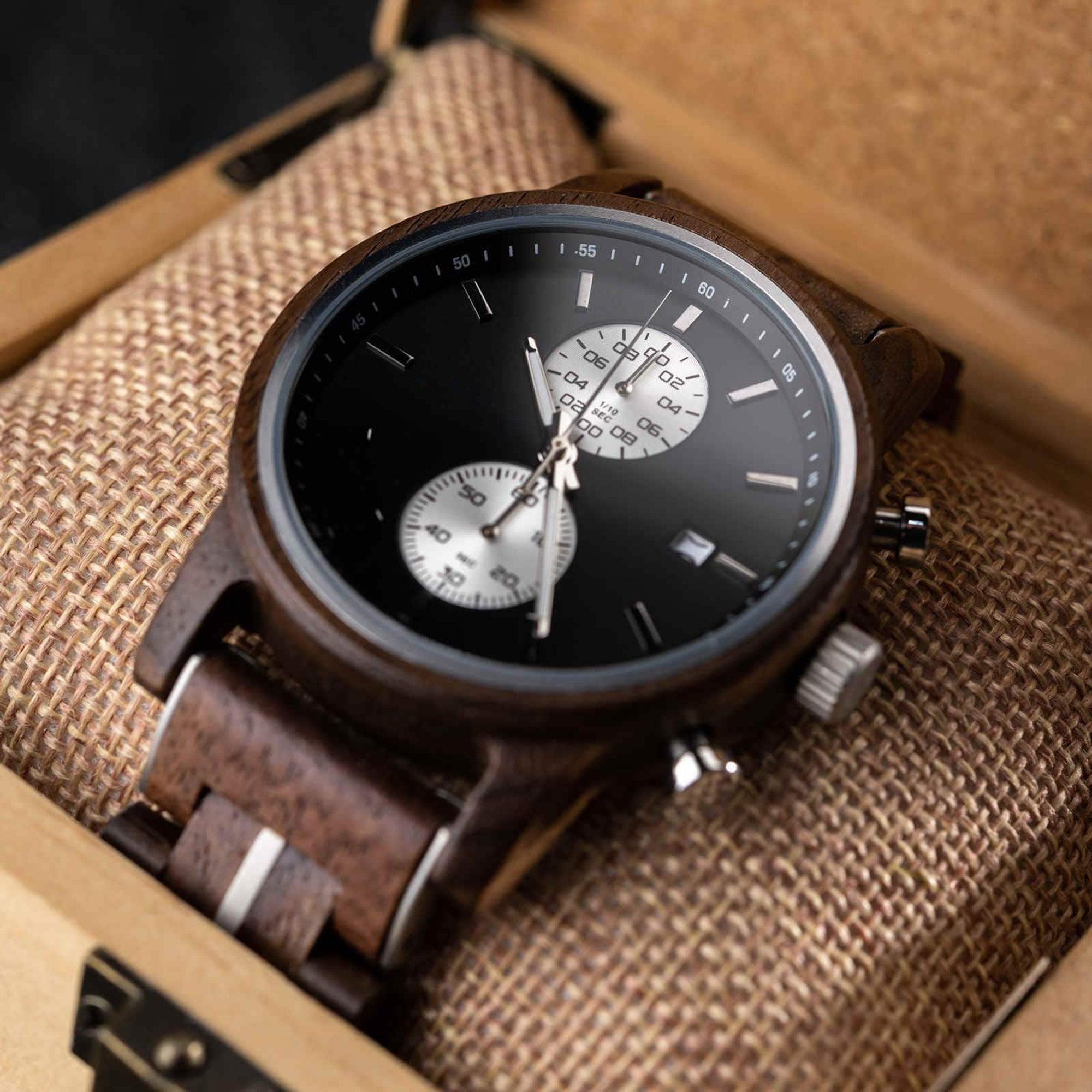 Men's Wooden Watches Classic Ebony Oak Black Chronograph - wowat.cowowat