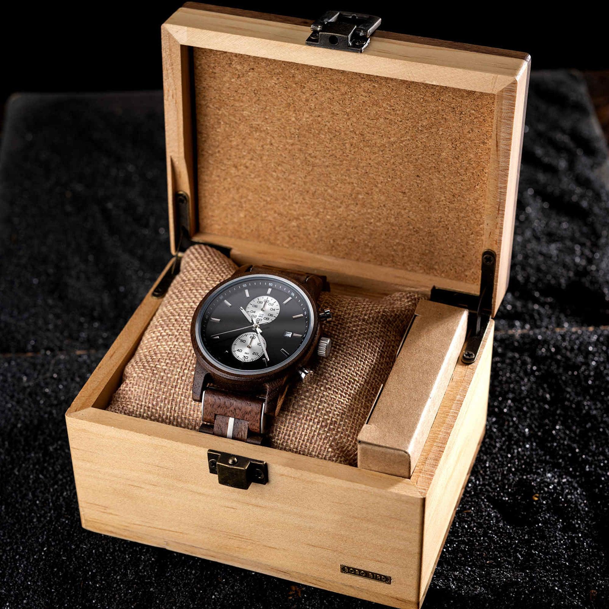 Men's Wooden Watches Classic Ebony Oak Black Chronograph - wowat.cowowat