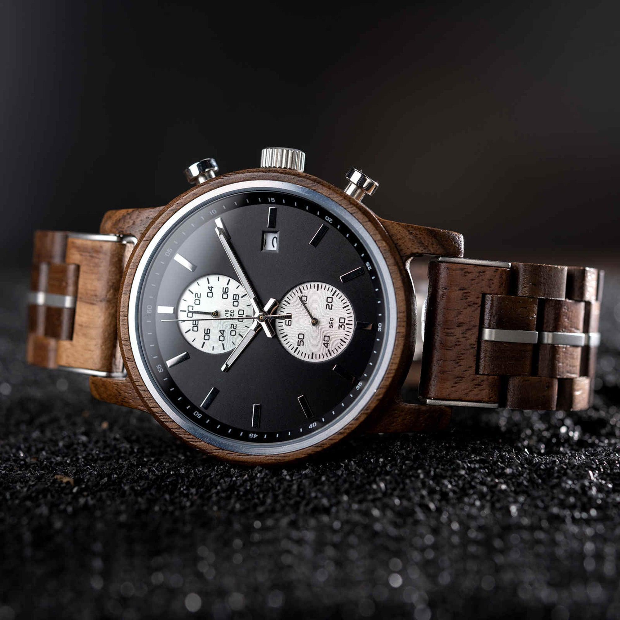 Men's Wooden Watches Classic Ebony Oak Black Chronograph - wowat.cowowat
