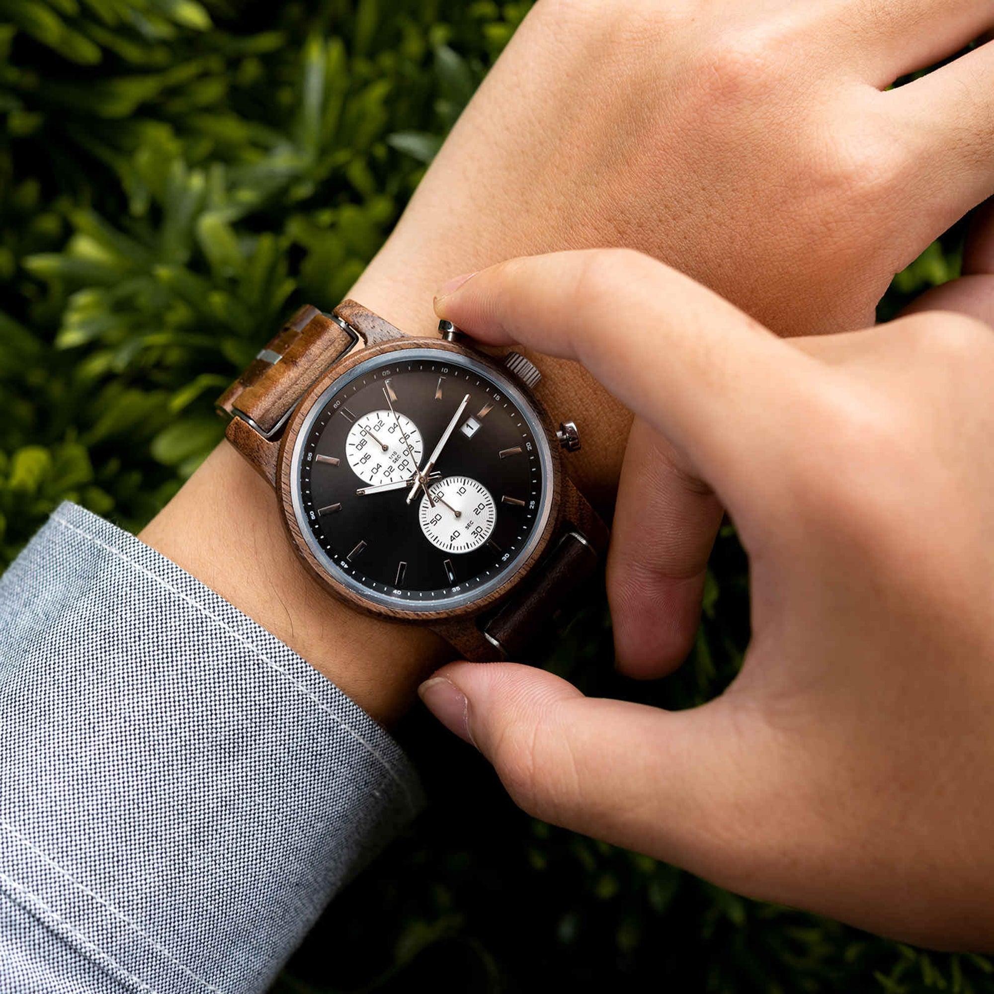 Men's Wooden Watches Classic Ebony Oak Black Chronograph - wowat.cowowat