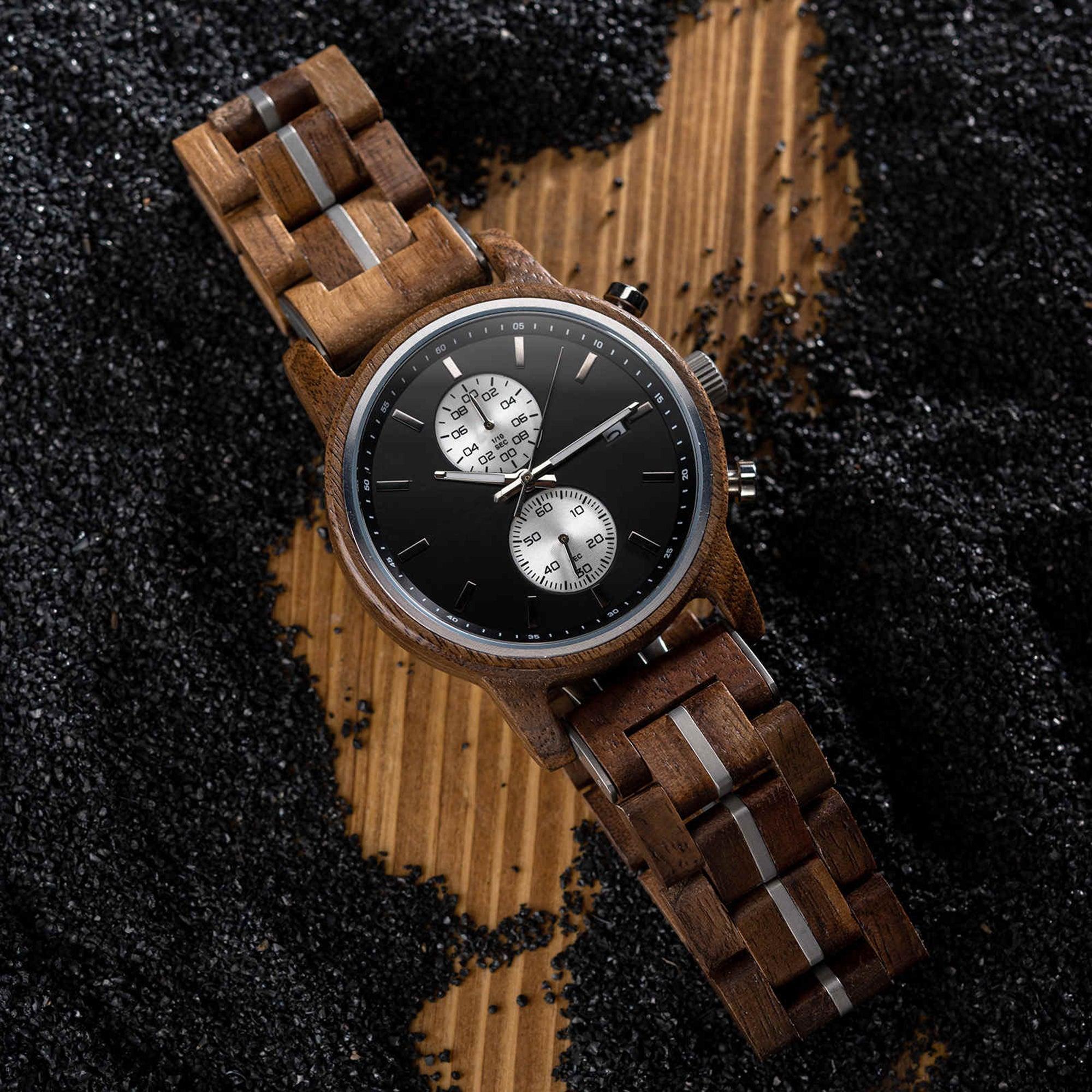 Men's Wooden Watches Classic Ebony Oak Black Chronograph - wowat.cowowat