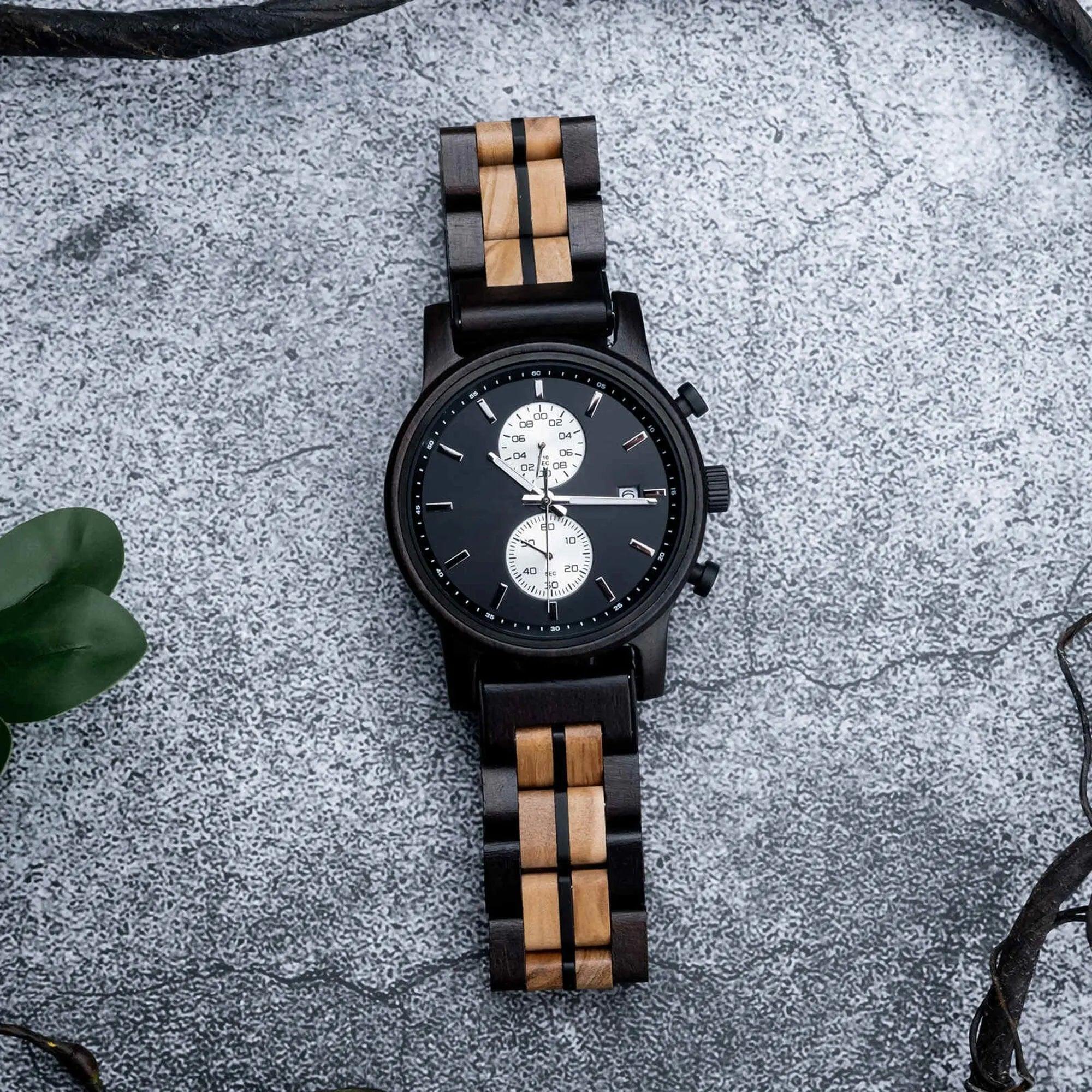 Men's Wooden Watches Classic Ebony Oak Black Chronograph - wowat.cowowat