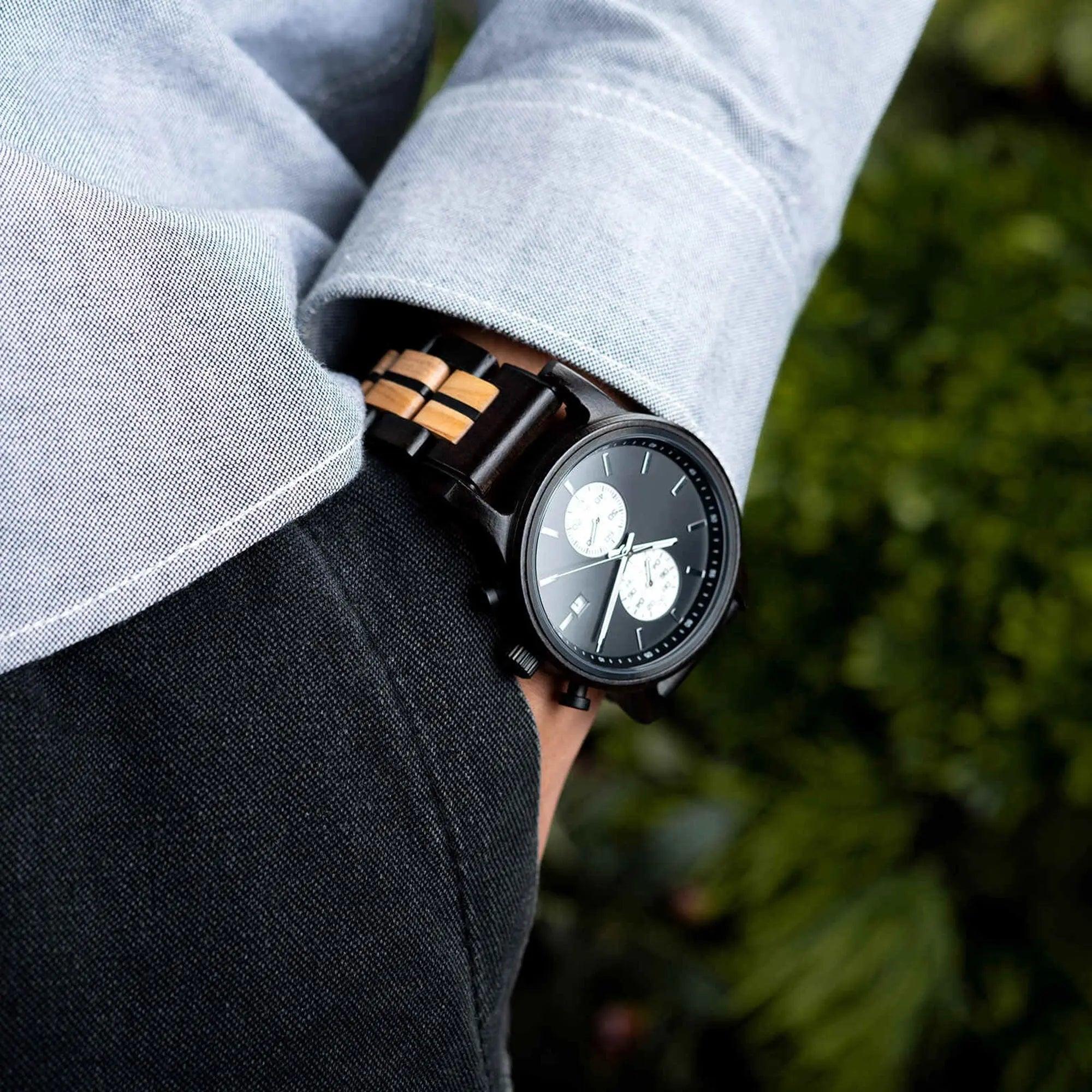 Men's Wooden Watches Classic Ebony Oak Black Chronograph - wowat.cowowat
