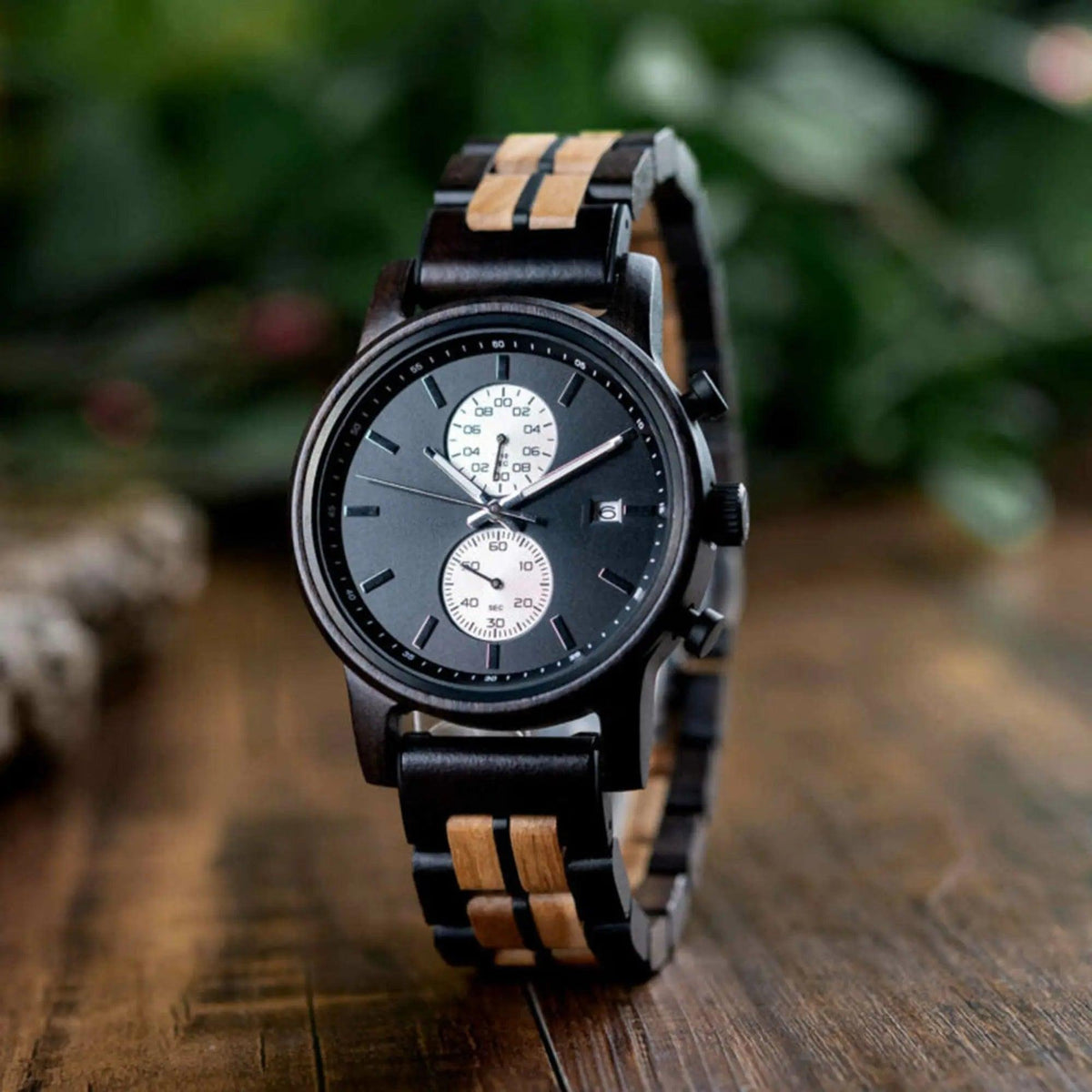 Men's Wooden Watches Classic Ebony Oak Black Chronograph - wowat.cowowat