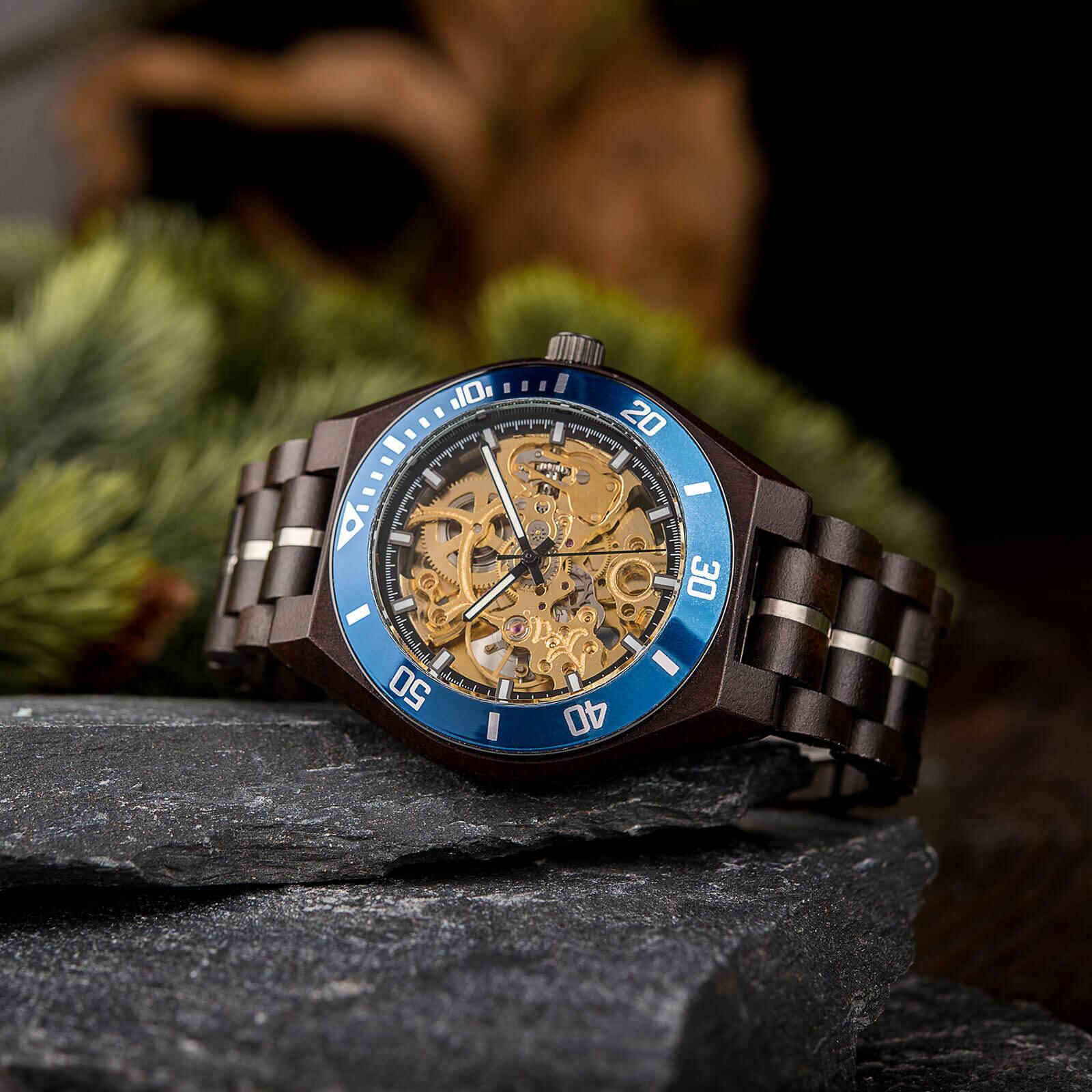 Skeleton Mechanical Wooden Watch Ebony Black - wowat.cowowat