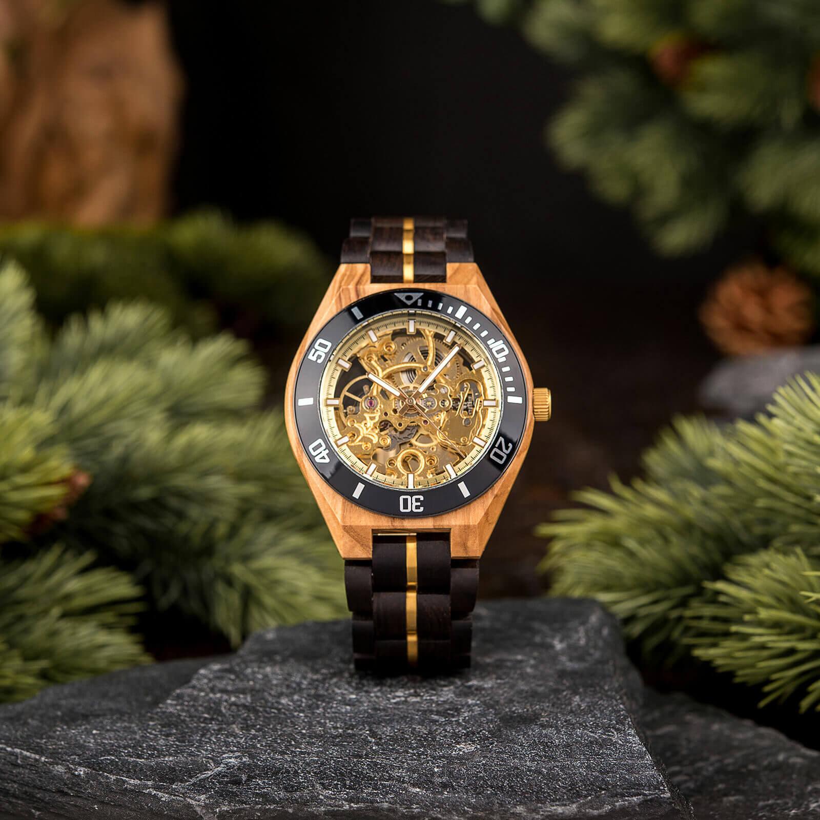 Skeleton Mechanical Wooden Watch Ebony Black - wowat.cowowat