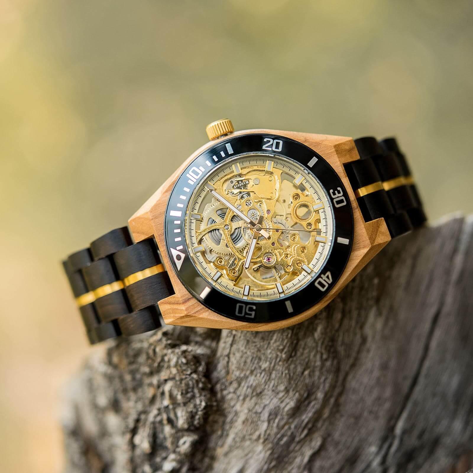 Skeleton Mechanical Wooden Watch Ebony Black - wowat.cowowat