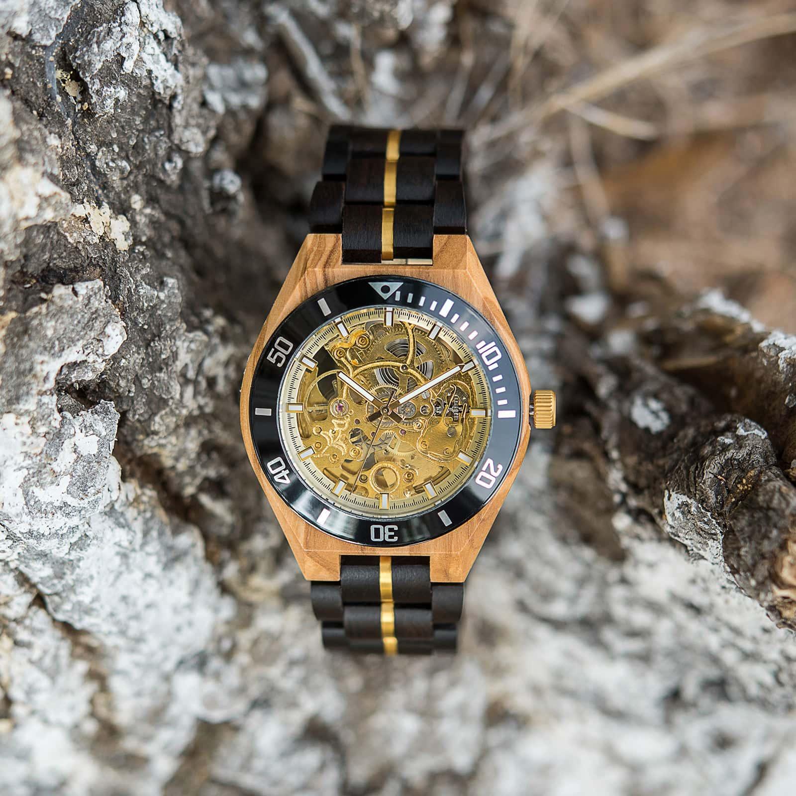 Skeleton Mechanical Wooden Watch Ebony Black - wowat.cowowat