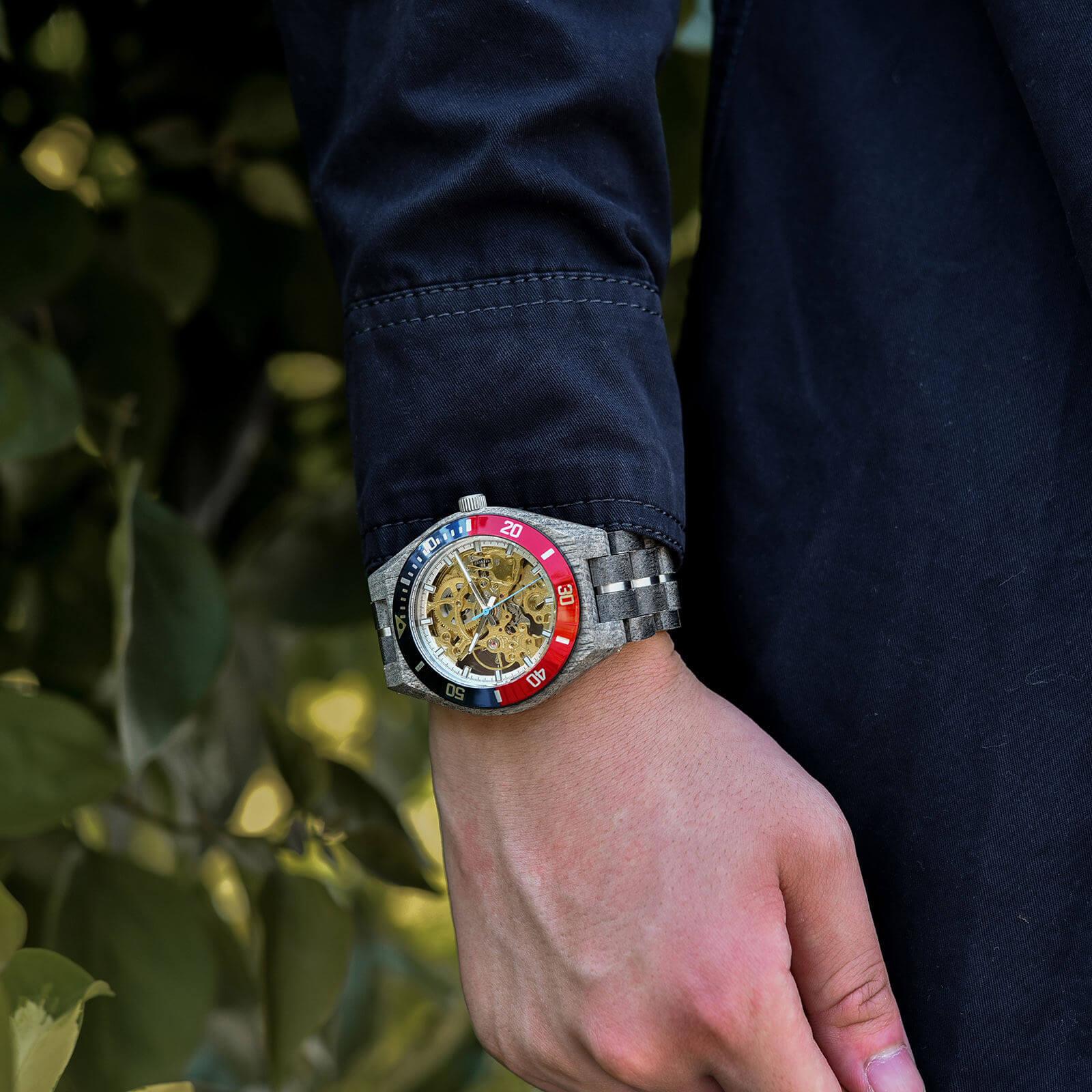 Skeleton Mechanical Wooden Watch Ebony Black - wowat.cowowat