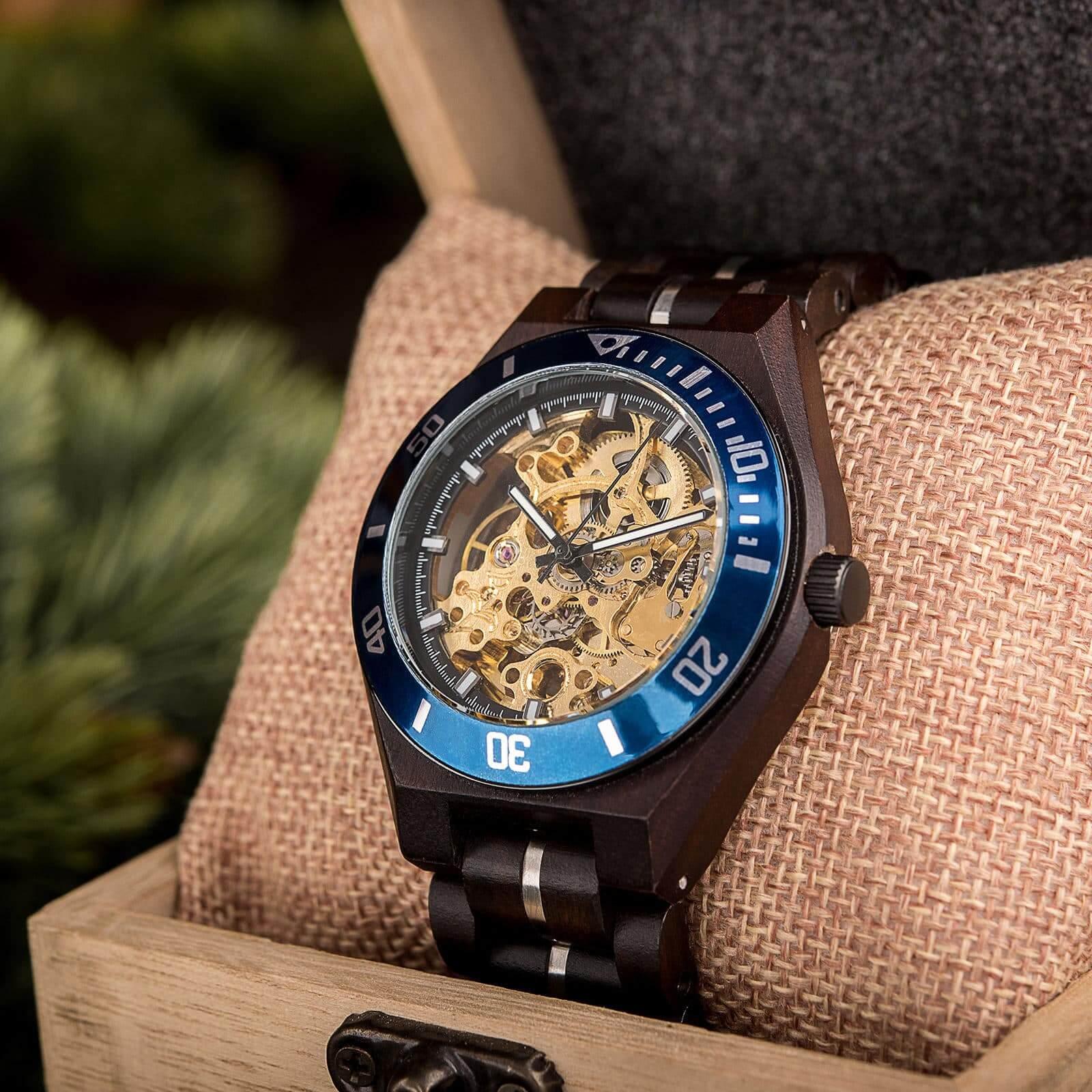 Skeleton Mechanical Wooden Watch Ebony Black - wowat.cowowat