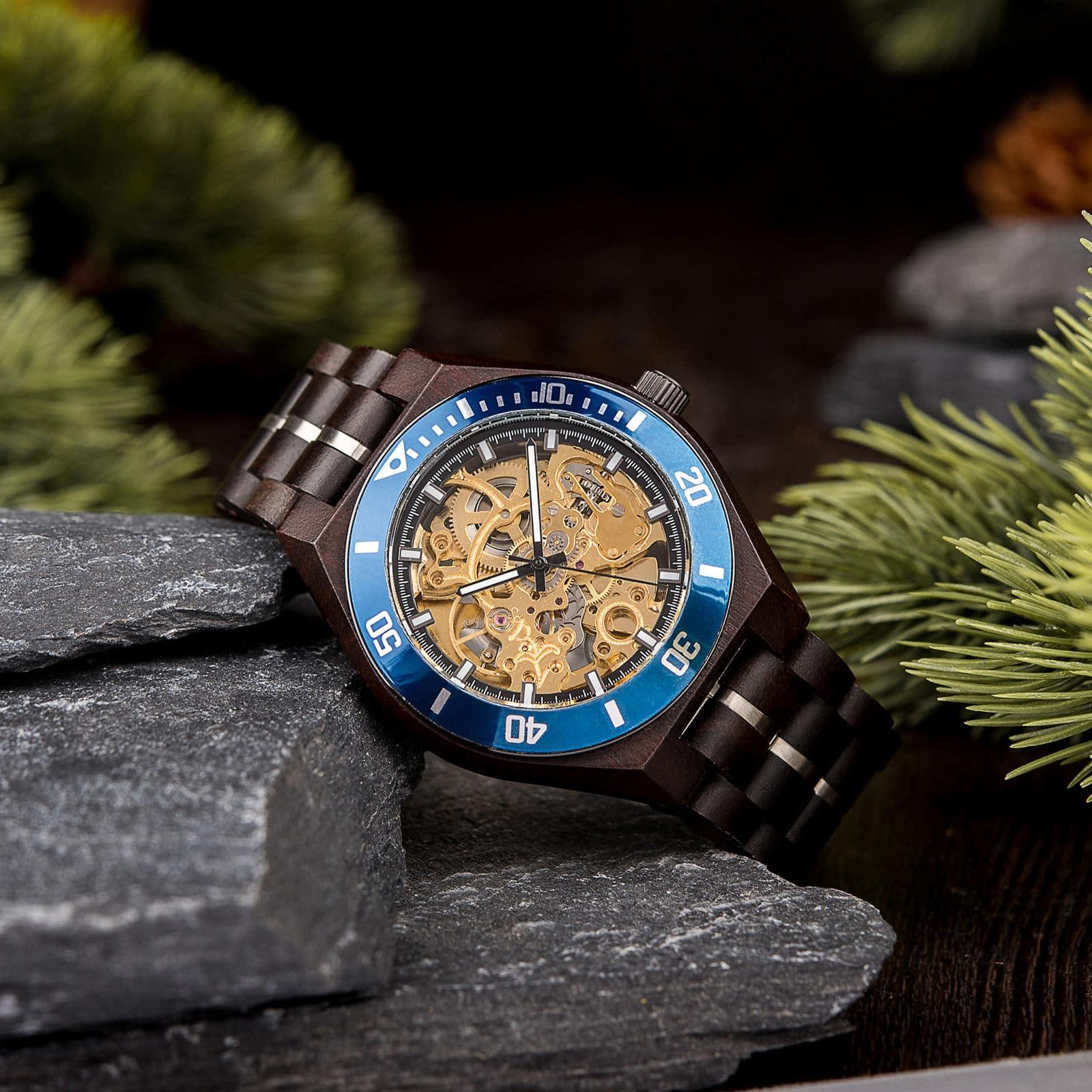 Skeleton Mechanical Wooden Watch Ebony Black - wowat.cowowat