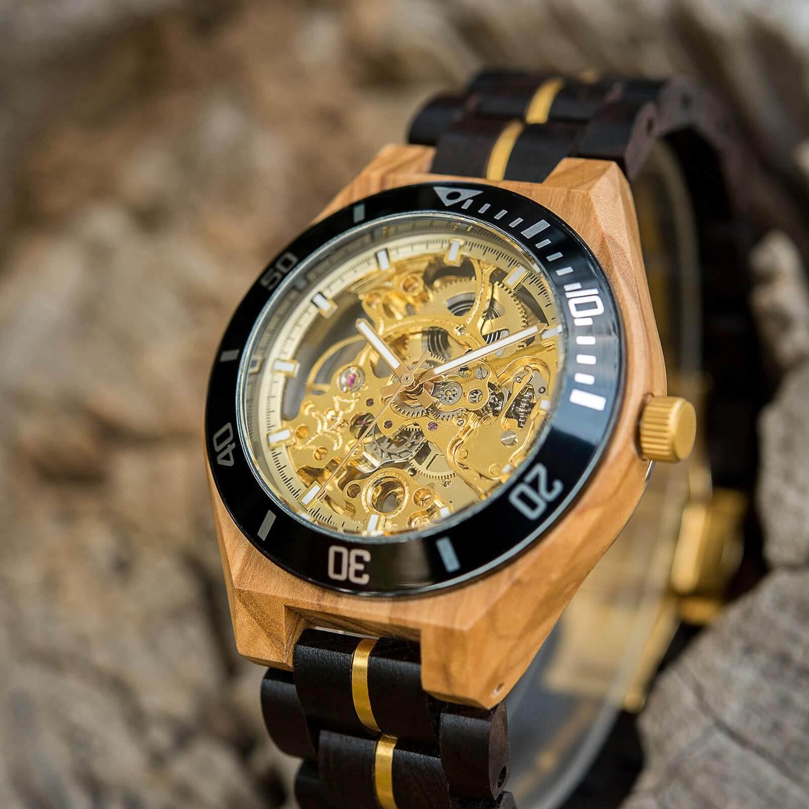 Skeleton Mechanical Wooden Watch Ebony Black - wowat.cowowat