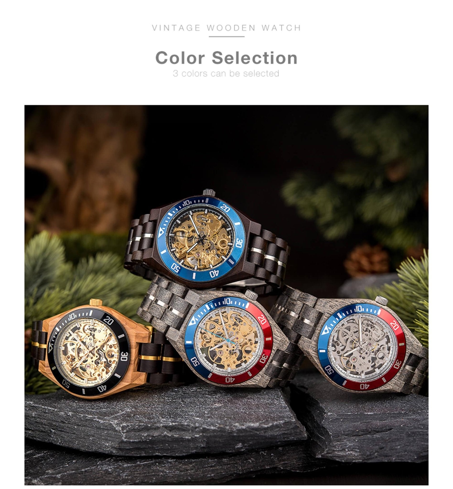 Skeleton Mechanical Wooden Watch Ebony Black - wowat.cowowat