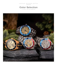 Skeleton Mechanical Wooden Watch Ebony Black - wowat.cowowat