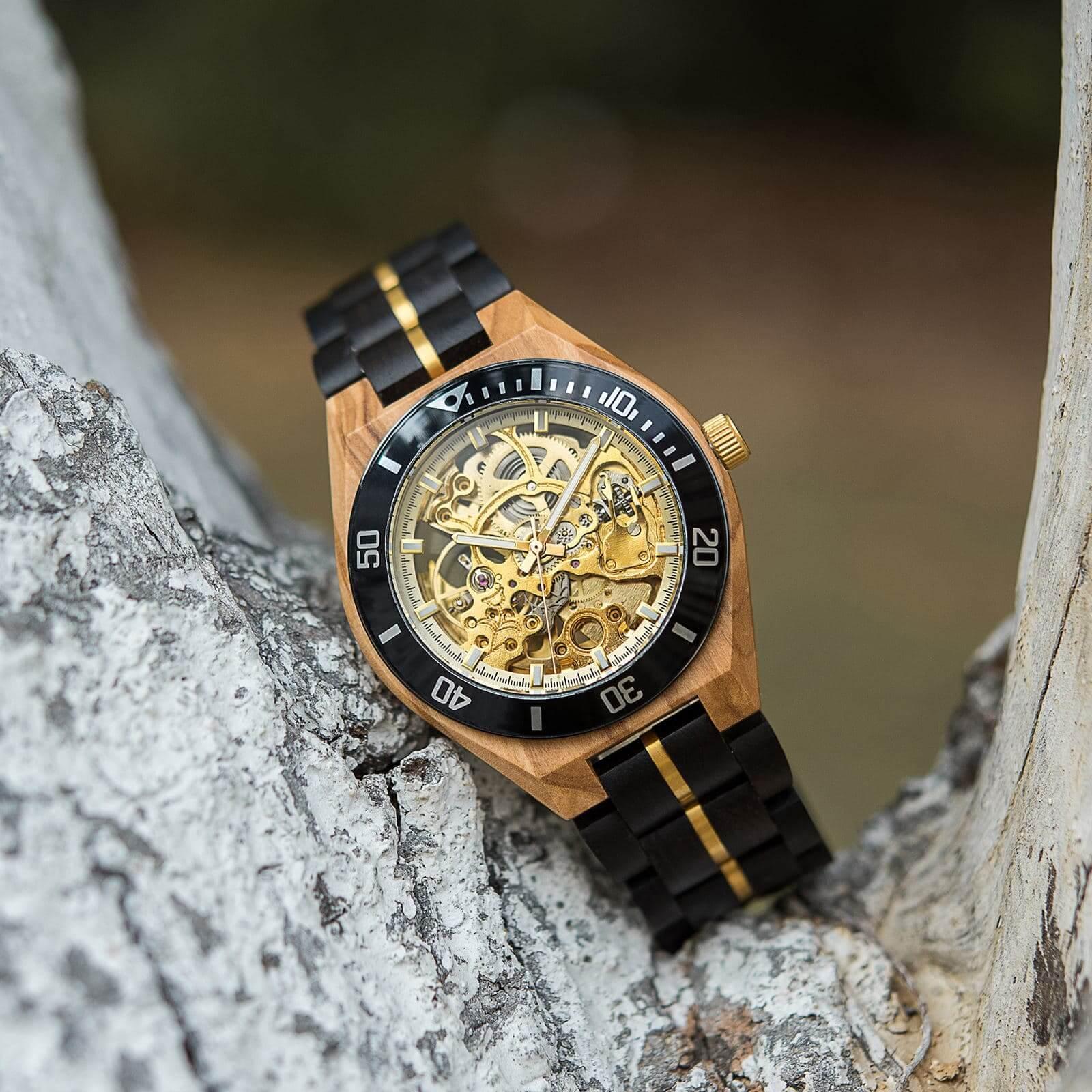 Skeleton Mechanical Wooden Watch Ebony Black - wowat.cowowat