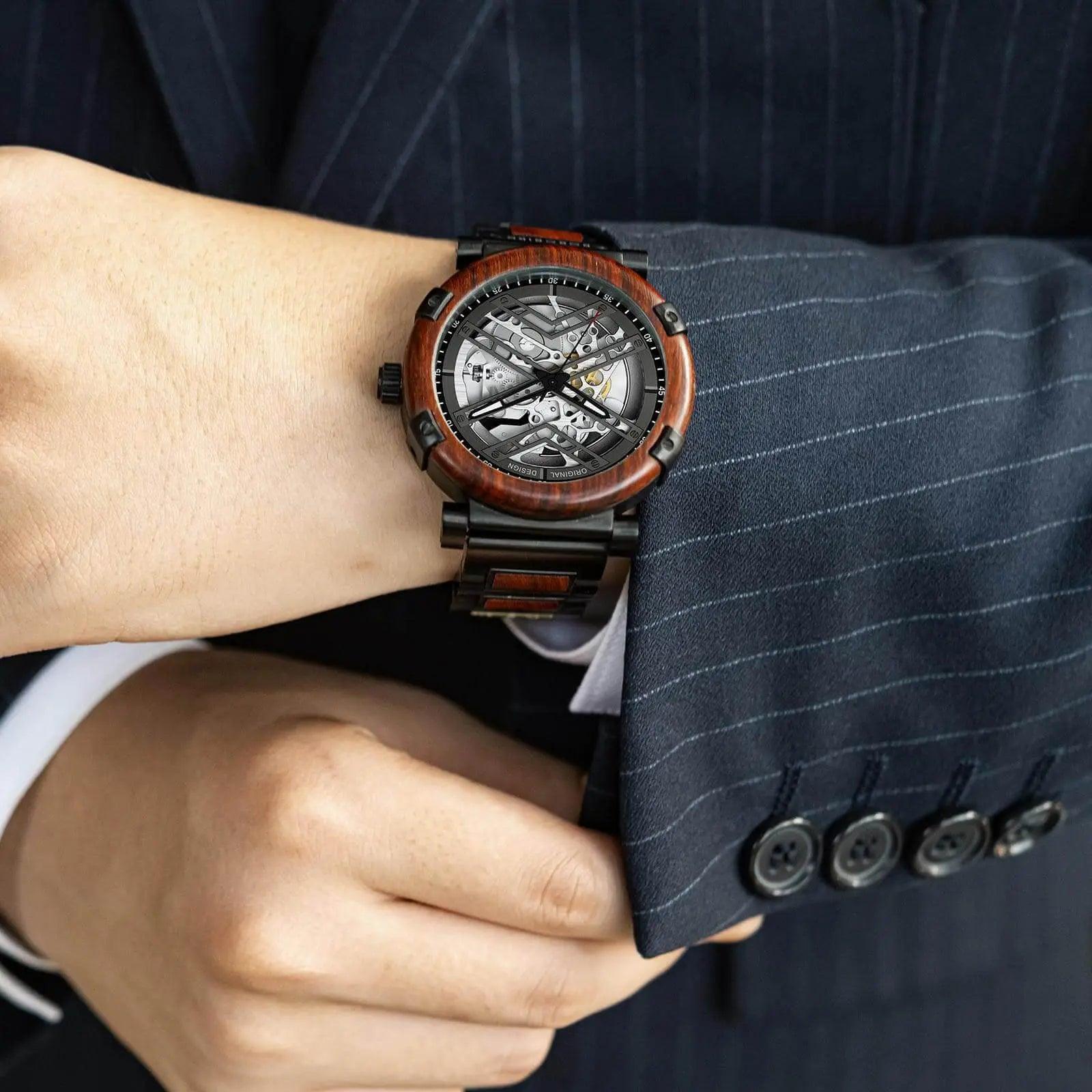 Skeleton Watches - Automatic Mechanical Men's Wooden Watch - Natural Rosewood - wowat.cowowat